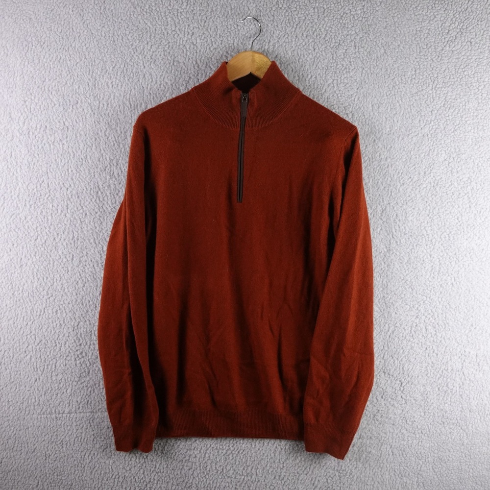 Saks Fifth Avenue Mens Cashmere Quarter Zip Sweater Rust Orange Made in Italy M